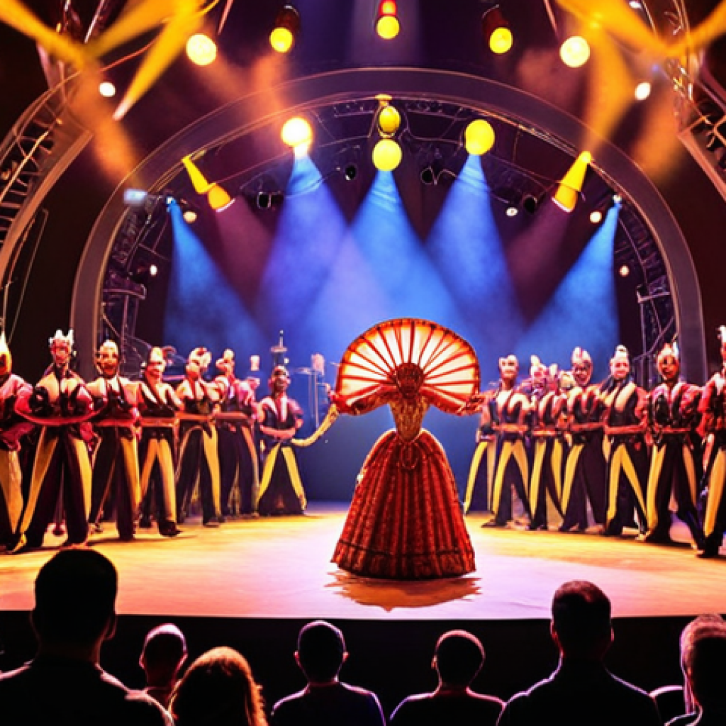 **

A vibrant stage scene featuring performers in elaborate costumes under bright stage lights. In the background, blurred figures represent stagehands and production crew, conveying the collaboration between artistic creation and organizational expertise. The overall mood should be energetic and celebratory, like a successful premiere.

**