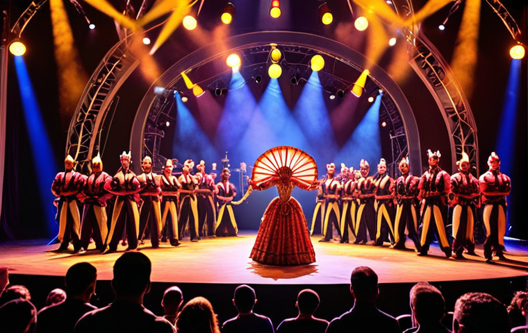 **
A vibrant stage scene featuring performers in elaborate costumes under bright stage lights. In the background, blurred figures represent stagehands and production crew, conveying the collaboration between artistic creation and organizational expertise. The overall mood should be energetic and celebratory, like a successful premiere.
**