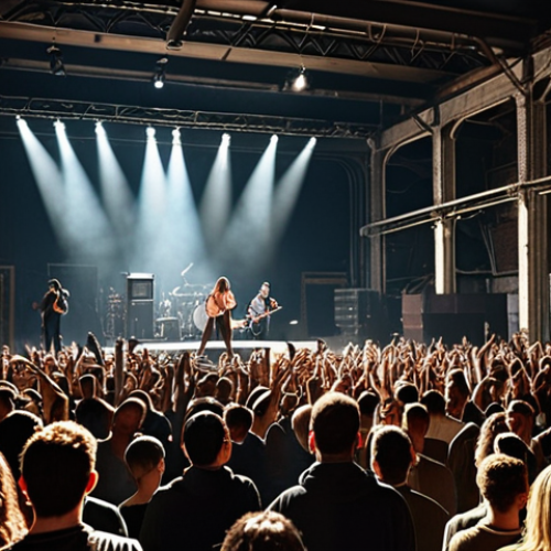 **

A bustling concert venue, showing a diverse crowd enjoying live music in an old factory hall. Focus on the industrial setting and the energetic atmosphere, emphasizing good lighting and stage presence. Capture the feeling of a successful, sold-out show.

**