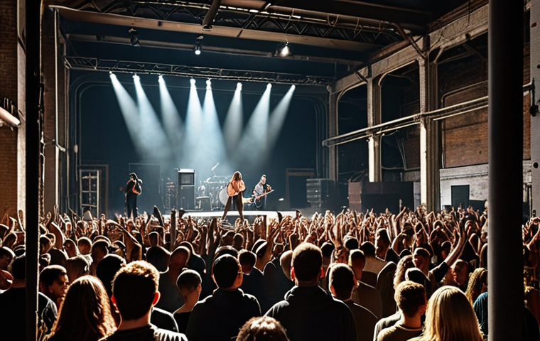 **

A bustling concert venue, showing a diverse crowd enjoying live music in an old factory hall. Focus on the industrial setting and the energetic atmosphere, emphasizing good lighting and stage presence. Capture the feeling of a successful, sold-out show.

**