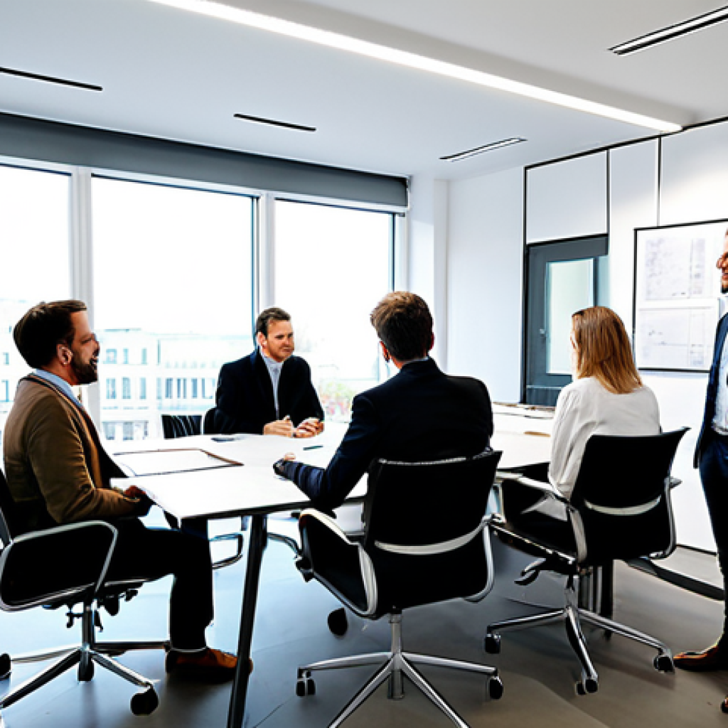 공연기획사의 계약서 작성 팁 - **Event Agency Selection:** "A team meeting in a modern Berlin office, reviewing event portfolios an...