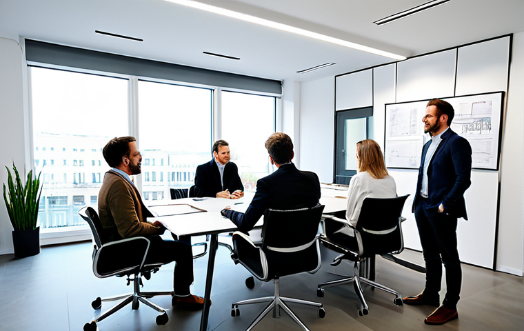 공연기획사의 계약서 작성 팁 - **Event Agency Selection:** "A team meeting in a modern Berlin office, reviewing event portfolios an...