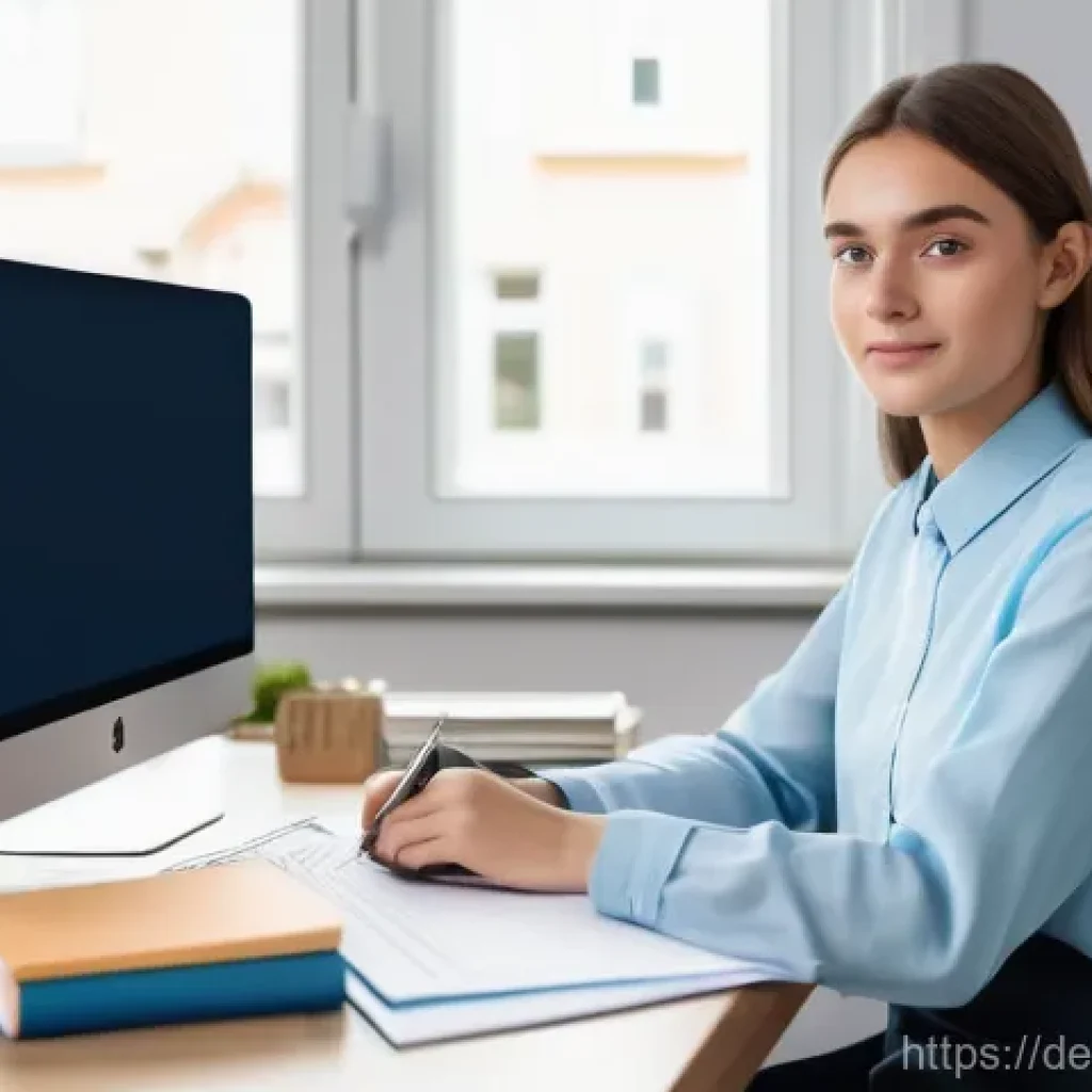 공연기획사로 성장하는 커리어 패스 - **"A focused young woman, aged 20, with bright, curious eyes, sits at a modern desk in a well-lit ho...