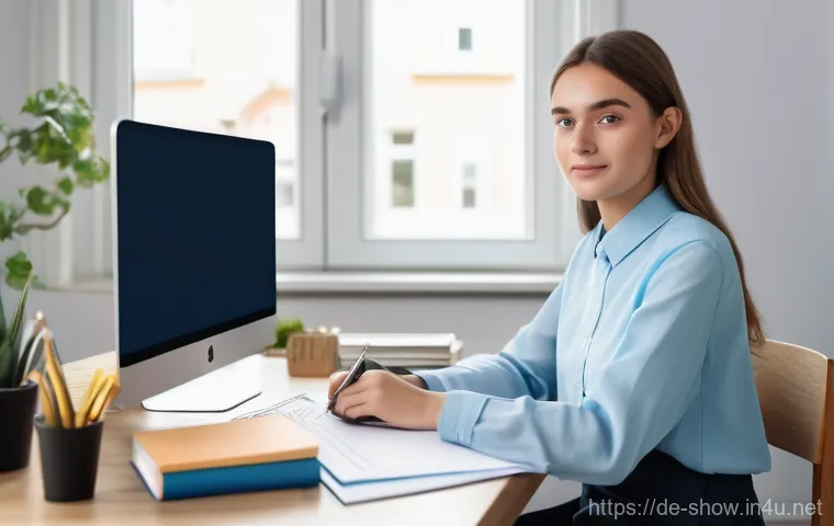 공연기획사로 성장하는 커리어 패스 - **"A focused young woman, aged 20, with bright, curious eyes, sits at a modern desk in a well-lit ho...