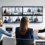 공연기획사의 커뮤니케이션 도구 추천 - A modern event planning office scene showing a diverse team of professionals collaborating using mul...