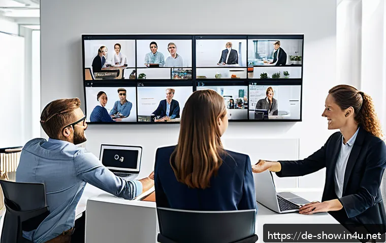 공연기획사의 커뮤니케이션 도구 추천 - A modern event planning office scene showing a diverse team of professionals collaborating using mul...