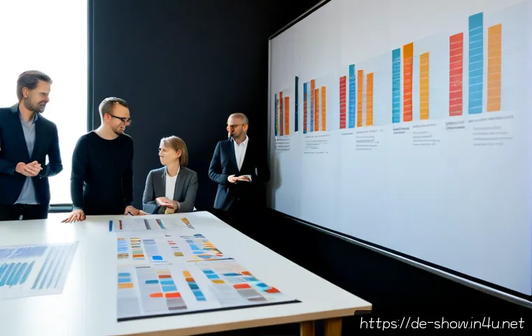 공연기획사의 업계 동향 파악 - Photorealistic Berlin event planning office, diverse German creative team reviewing a large wall-mou...